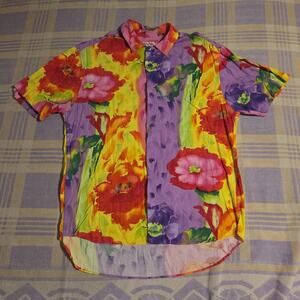 Vintage Jams World Flower Hawaiian Rayon Shirt Button Watercolor Rare Paint 90s